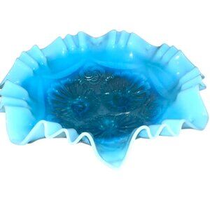 Antique Blue Opalescent Jefferson Glass Ruffles & Scrolls Bowl